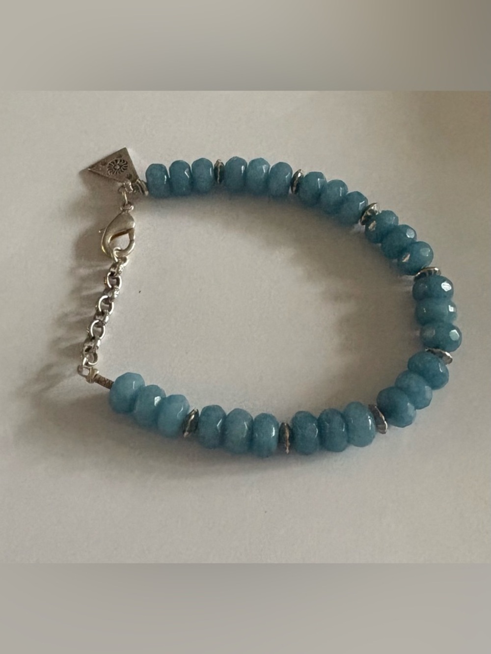 Real gemstone “Angelite ”Blue Beaded Bracelet with Sterling Silver Accents. 8.5”